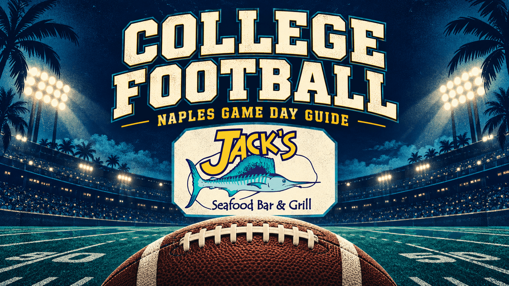College Football: Naples Game Day Guide graphic with the Jack's logo, a football, stadium lights, and palm trees