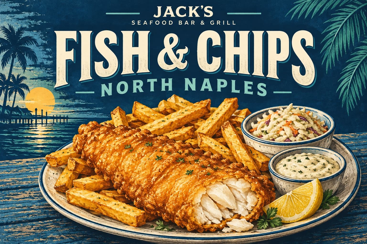 Illustrated Jack's Fish and Chips in North Naples poster with golden battered fish, fries, coleslaw and tartar sauce