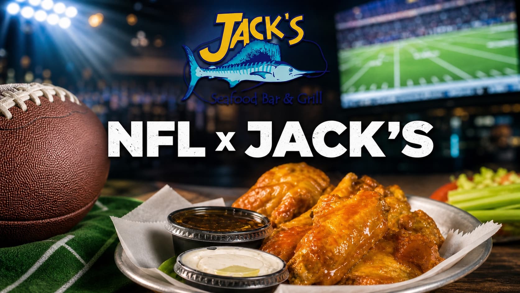NFL game-day graphic for Jack's Seafood Bar & Grill with wings and a football
