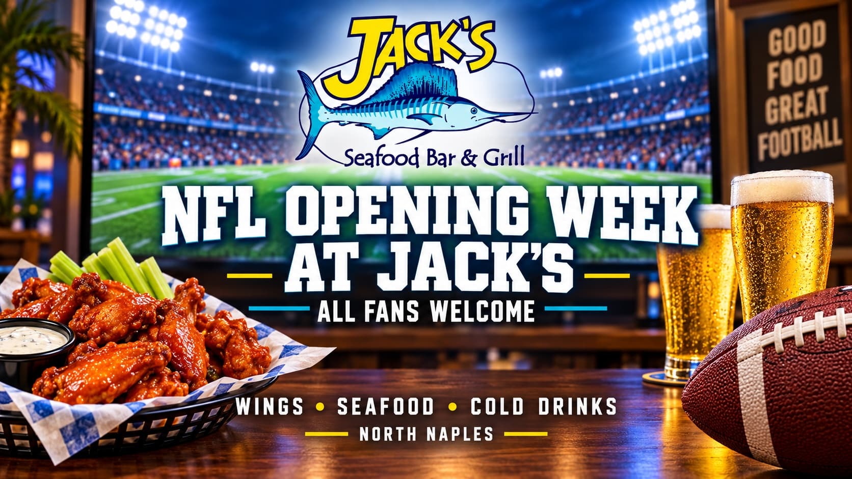 Jack's NFL opening week promotional graphic with wings, beer, a football, and All Fans Welcome lettering