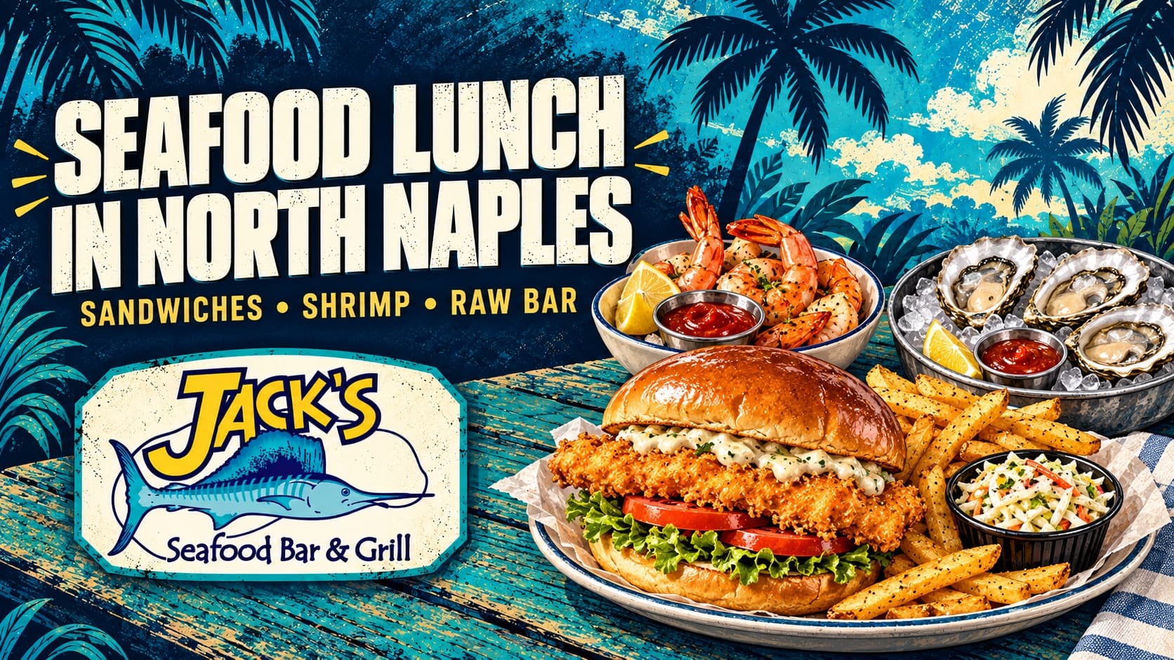 Illustrated Seafood Lunch in North Naples cover with Jack's logo, a fried fish sandwich, shrimp and oysters