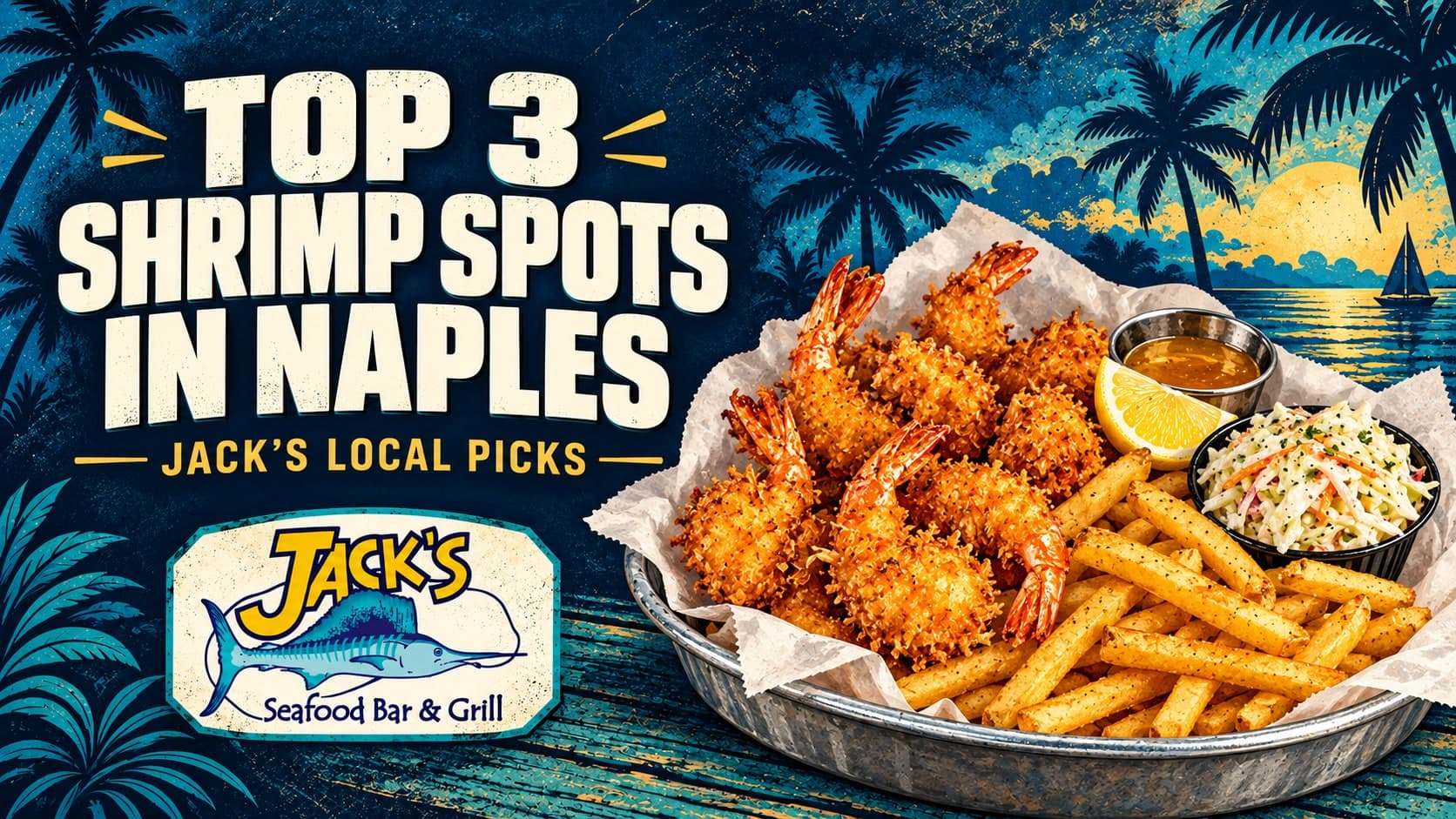 Top 3 Shrimp Spots in Naples: Jack's Local Picks, with an illustrated coconut shrimp basket and Jack's logo