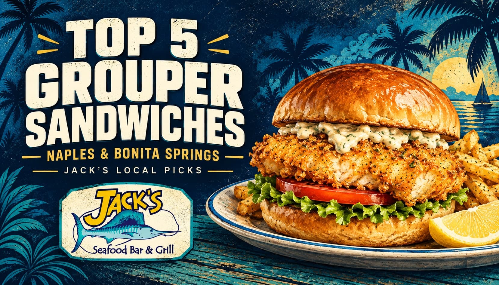 Top 5 Grouper Sandwiches in Naples & Bonita Springs: Jack's Local Picks, with an illustrated fried grouper sandwich and Jack's logo